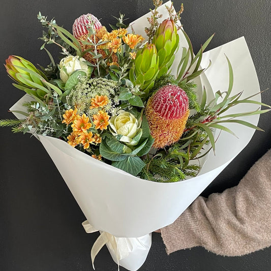 Bendigo Florist native mixed with seasonal florals wrapped and delivered.
