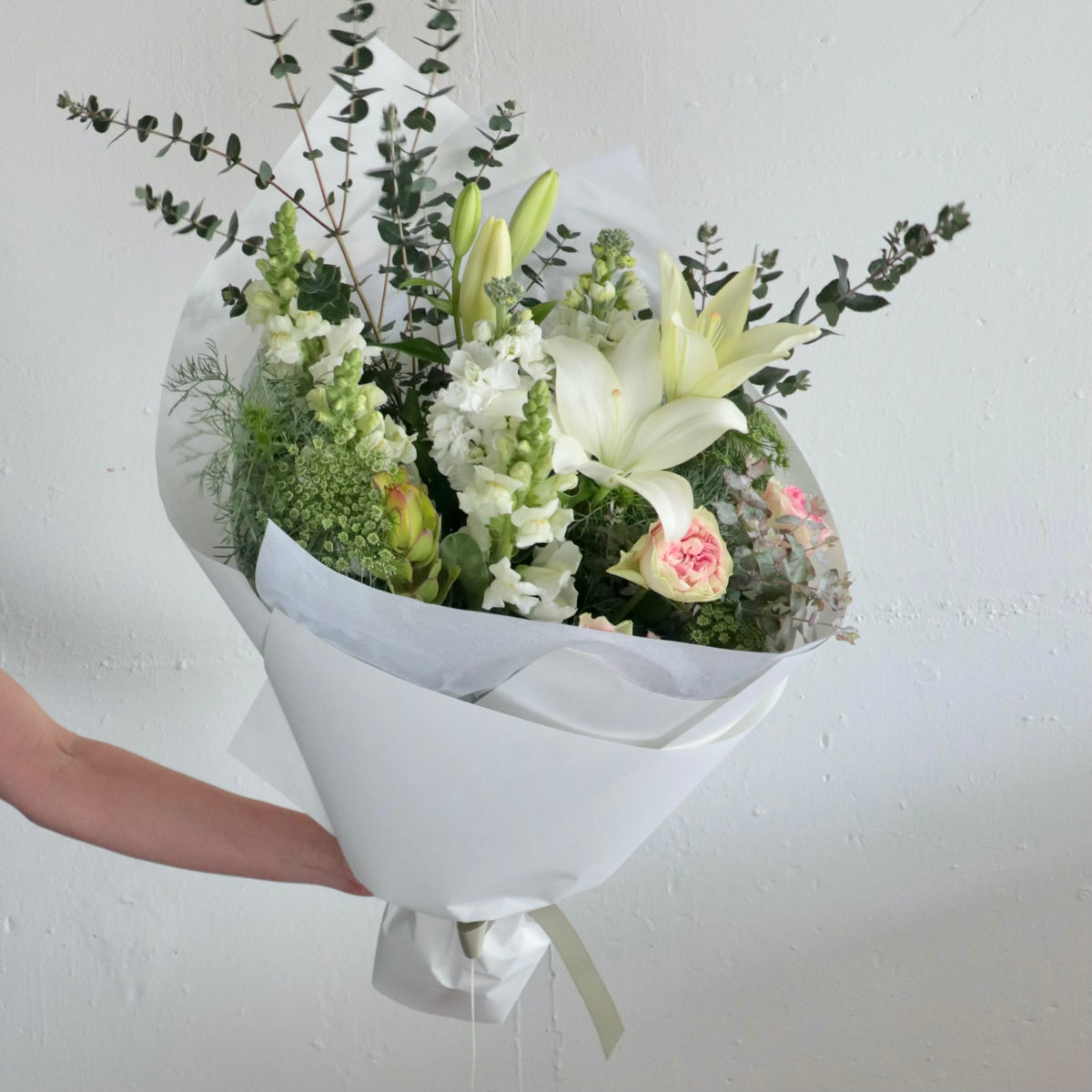 White and green textural bouquet created in bendigo with seasonal flowers by florists with fresh contempory designs