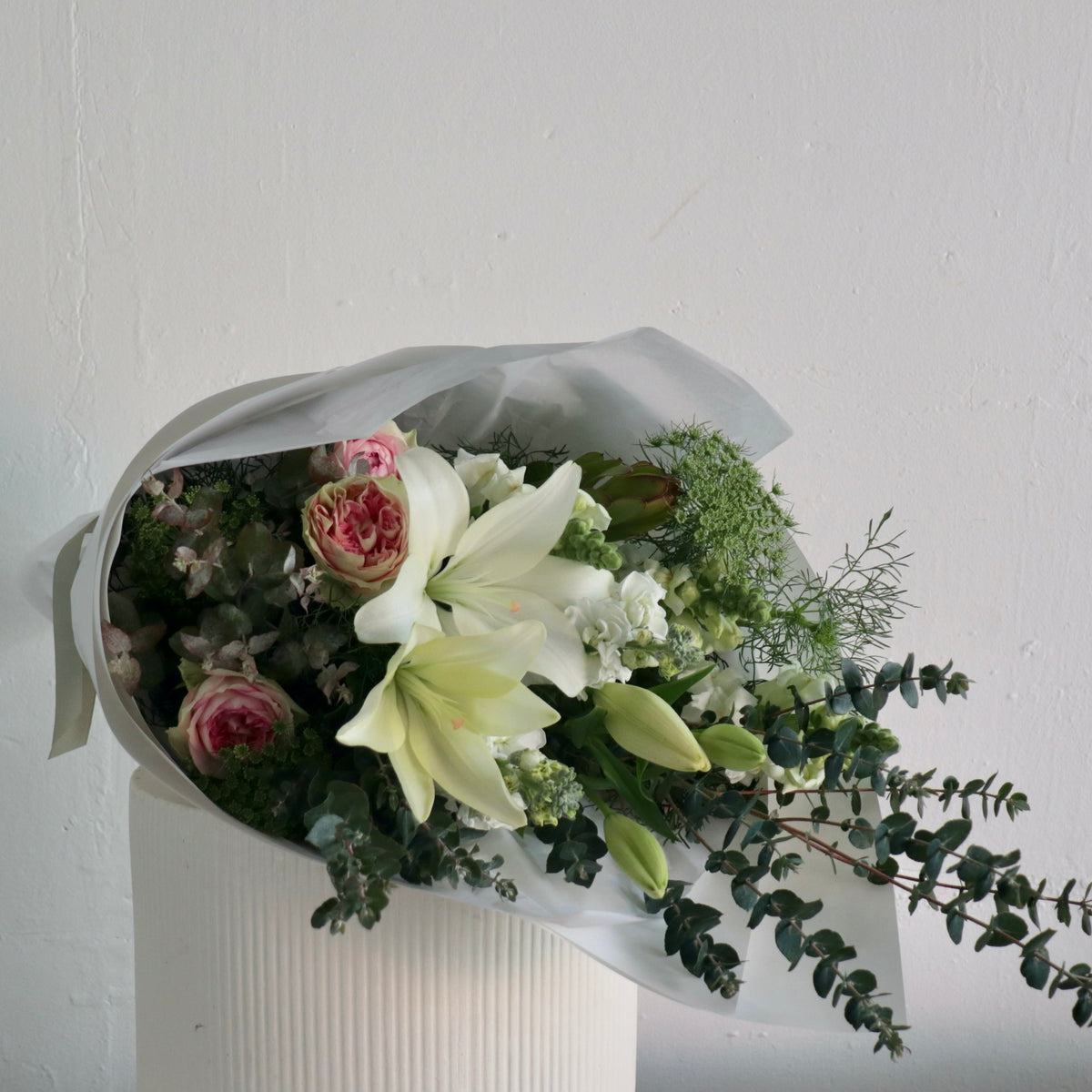 White and green textural bouquet created in bendigo with seasonal flowers by florists with fresh contempory designs