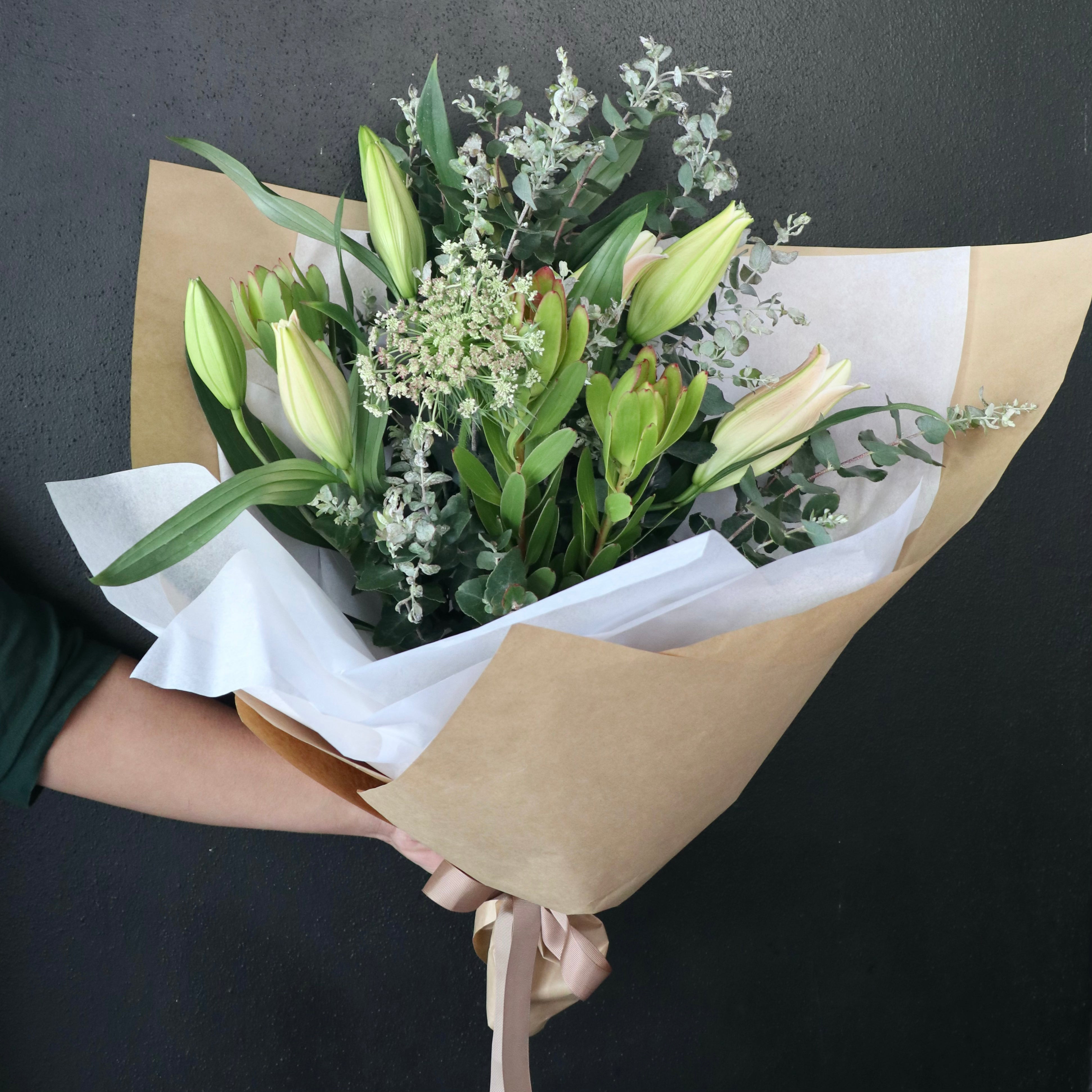 White and green textural bouquet created in bendigo with seasonal flowers by florists with fresh contempory designs 