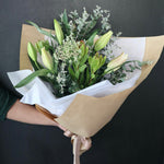 Load image into Gallery viewer, White and green textural bouquet created in bendigo with seasonal flowers by florists with fresh contempory designs 
