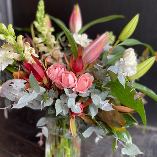 Bendigo Florist vase white, green and pink flowers.  Organic natural design. 